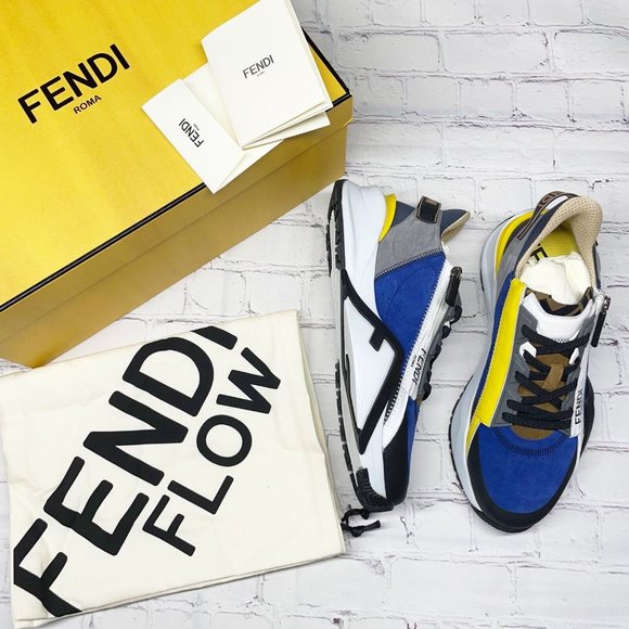 NEW Fendi Flow Multi Color Nylon Low Top Sneakers Men’s 7 Women’s 10 Blue Yellow - Picture 2 of 12